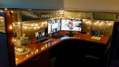 8 Ways to Make Your Cubicle Less Awful ⋆ Polka Dot Cottage Cottagecore Office Cubicle, Cubicle Lighting Ideas, Spring Cubicle Decor Ideas, Dark Academia Cubicle Decor, Plant Cubicle Decor, Cubicle Decorating Ideas For Work, Office Cubicle Decorating Ideas Work, Cubicle Desk Setup, Cubicle Decoration Ideas