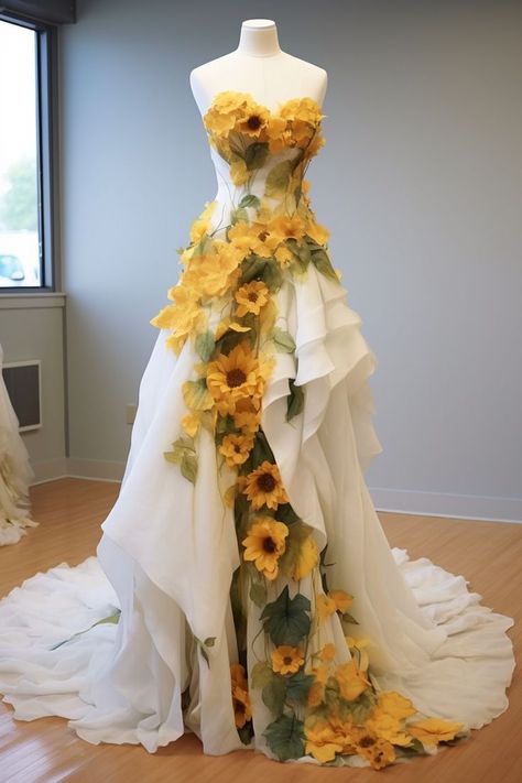 Sunflower Princess Dress, Sunflower Fashion Design, Sun Flower Wedding Dress, Sunflower Aesthetic Clothes, Weird Dresses Unique, Garden Themed Dress, Dresses That Look Like Flowers, Sunflower Prom Dress, Flower Themed Dress