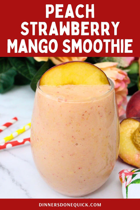 Enjoy a refreshing and healthy Peach Strawberry Mango Smoothie! This delicious blend of juicy peaches, strawberries, and mangoes is perfect for breakfast or a midday snack. Packed with vitamins and antioxidants, this smoothie is as nutritious as it is tasty. Ready in minutes, it's a perfect way to start your day or cool down on a hot afternoon. Click to get the full recipe and make your own tropical delight! #SmoothieRecipe #HealthySmoothies #PeachSmoothie #StrawberrySmoothie #MangoSmoothie Peach Mango Smoothie, Morning Smoothie Recipes, Peach Smoothie Recipes, Strawberry Mango Smoothie, Fresh Peach Recipes, Mango Pineapple Smoothie, Mango Smoothie Recipes, Peach Strawberry, Healthy Fruit Smoothies