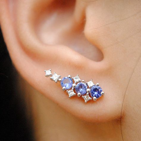 Blue Diamond Earrings, Blue Bridal Earrings, Gold Ear Climbers, Bridal Earring, Ear Crawler, Ear Crawlers, Ear Climbers Earrings, Tanzanite Jewelry, Ear Climber