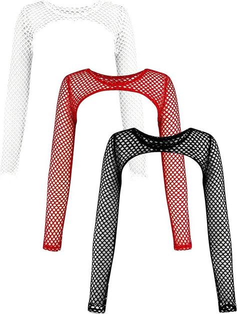 Verdusa Women's 3 Piece Hollow Out Fishnet Mesh Crop Top Long Sleeve Beach Cover Up at Amazon Women’s Clothing store White Fishnet Outfit, White Fishnet Top, Fishnet Sleeves, Fishnet Outfit, Techno Outfit, Fishnet Crop Tops, White Fishnets, Neon Outfits, Crop Top Long Sleeve