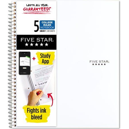 "LASTS ALL YEAR. GUARANTEED!* This Five Star 5 Subject Notebook is full of features. Compatible with the Five Star study app, you can easily scan, study and organize notes on your phone! Create instant digital flashcards and sync notes to Google Drive and access them anywhere from any device. 5 subject notebook has 200 double-sided, college ruled sheets, which fight ink bleed. Sheets measure 8 1/2\" x 11\" and are perforated for easy tear out. Tough pockets help prevent tears and hold 8 1/2\" x Five Subject Notebook, Five Star Notebook 5 Subject, 5 Star Notebook, 5 Subject Notebook, Star Notebook, Five Star Notebook, Notebook Study, Organize Notes, Brady Noon