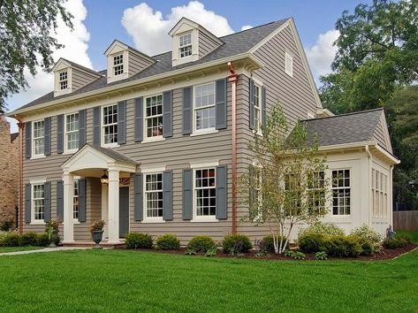 Try this! Briarwood; Duxbury Gray HC-163; Monterey White HC-27 Colonial Landscaping, Colonial Revival House, Exterior Paint Schemes, Tan House, Colonial House Exteriors, Farmhouse Trends, House Front Porch, Exterior House Color, Colonial Exterior