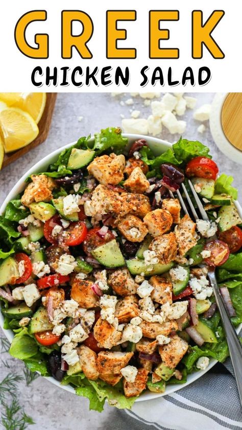 Greek Chicken Salad Meal Prep, Greek Chicken Salads, Greek Salad With Chicken Healthy Recipes, Mediterranean Grilled Chicken Salad, Greek Salad Dinner Ideas, Greek Avocado Chicken Salad, Chopped Salad With Chicken, Protein Greek Salad, What To Serve With Greek Chicken