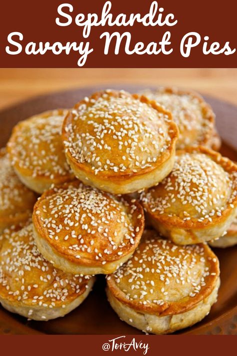 Tilly's Pastelles - A Sephardic recipe from Greg Henry's cookbook, Savory Pies - Meat hand pies with egg, parsley, and herbs sprinkled with sesame seeds. | ToriAvey.com #pastelles #sephardicrecipe #sephardic #savorypie #meatpie #handpie #savorypie #Kosher #holidayrecipe #hanukkah #chanukah #TorisKitchen Jewish Deli Recipes, Sephardic Jewish Recipes, Egyptian Meat Pie, Borekas Recipe, Sephardic Jewish Food, Savory Baking Ideas, Meat Hand Pies Recipes, Savory Pies Meat, Hand Pies Recipes Savory