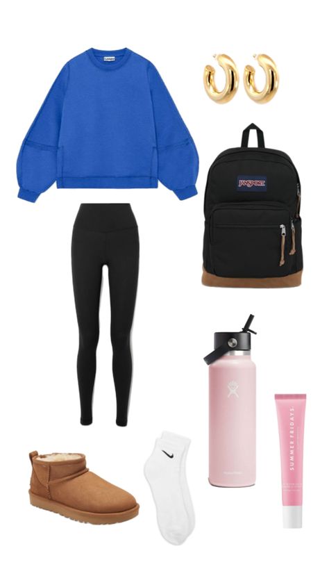 UGG ultra mini boot, blue crew neck sweatshirt, Lululemon align leggings, Nike socks, Jansport backpack, gold hoop earrings, Summer Fridays Pink Sugar lip balm, Hydroflask trillium water bottle Uggs Mini Outfit, Nike Sweatshirt Outfit, Mini Ugg Boots Outfit, Mini Ugg Outfit, Ultra Mini Uggs Outfit, Ugg Ultra Mini Outfit, Lazy Day Fits, Mini Uggs Outfit, Uggs Fall