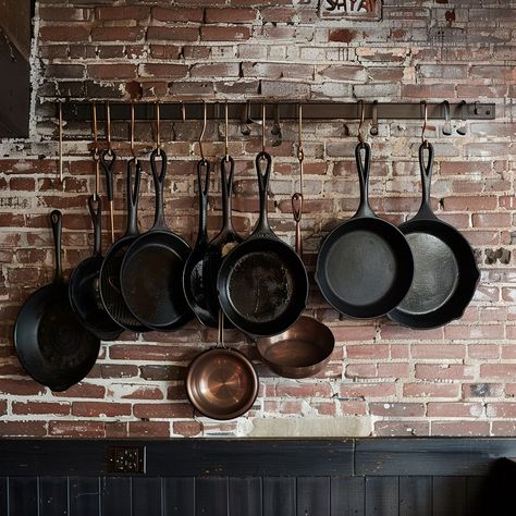 Hanging Pots Display: A variety of cast iron skillets and copper pots neatly displayed on a rustic brick wall. #kitchen #rustic #pots #pans #hanging #aiart #aiphoto #stockcake ⬇️ Download and 📝 Prompt 👉 https://ayr.app/l/226J Cast Iron Skillet Kitchen Display, Cast Iron Hanging Rack, Pot And Pan Display Ideas, Pots Hanging On Wall, Hanging Kitchen Pots, Display Cast Iron Skillets, Cast Iron Pan Wall Display, Hanging Cast Iron Pans The Wall, Hanging Pans In Kitchen