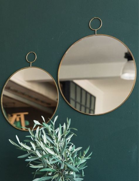 Round Brass Mirror with Loop | Rose & Grey Round Brass Mirror, White Marble Side Table, Blown Glass Pendant Light, Hall Mirrors, Interior Columns, Retro Mirror, Classic Mirror, Blown Glass Pendant, Large Sideboard