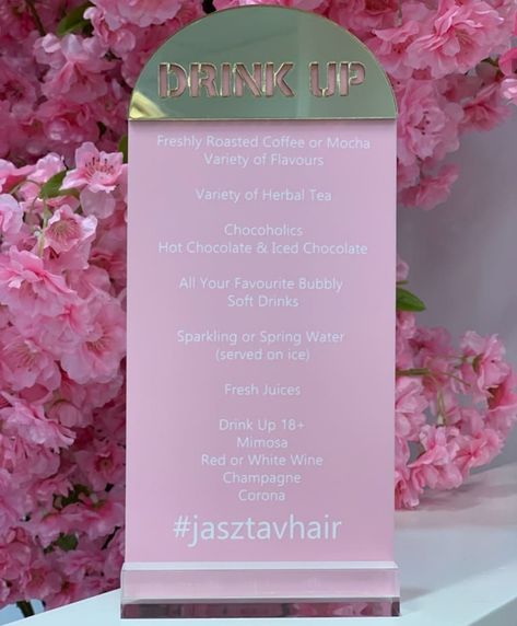 Hair Salon Drink Menu Ideas, Salon Drink Menu Ideas, Salon Board, Drink Menu Design, Champagne Nails, Hair Salon Interior Design, Signs Design, Gold Mirror Acrylic, Hairdresser Salon