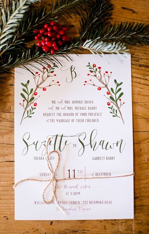 Red and green Christmas wedding invitation | Catherine Sparks Photography on @tidewatertulle via @aislesociety Xmas Wedding Invitations, Christmas Wedding Invites Invitation Ideas, Invations Wedding, Christmas Invitations Ideas, Rustic Christmas Wedding, White Christmas Wedding, Coastal Virginia, Christmas Wedding Themes, Williamsburg Christmas