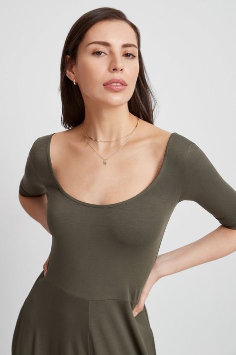 Scoop Neckline Dress, Hourglass Fashion, Tencel Fabric, Mid Length Sleeves, Elevated Basics, Low Neckline, Travel Dress, Scoop Neck Dress, Versatile Dress