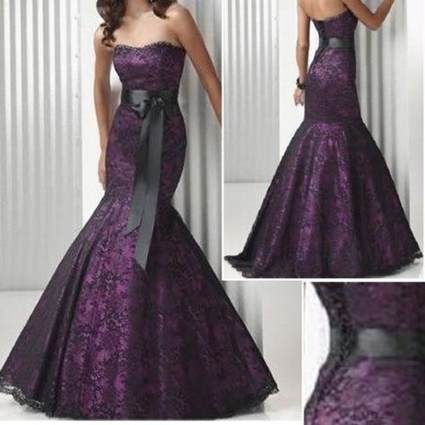 Mermaid Formal Gowns, Purple Wedding Dress, Wedding Dresses Satin, Wedding Dresses Strapless, Purple Satin, Black And Purple, Black Evening Dresses, Mermaid Evening Dresses, Lace Mermaid Wedding Dress