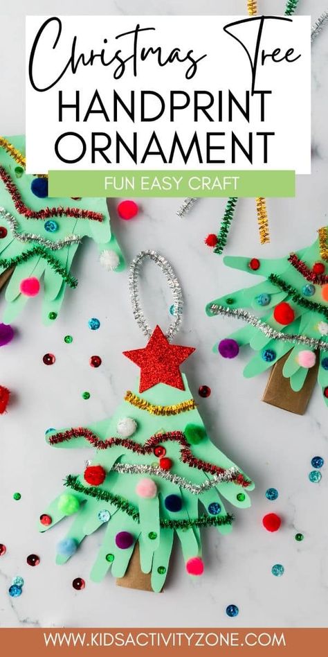 Looking for a fun, easy craft that involves the little ones? Let me tell you about the Handprint Christmas Tree Ornament. It's simple to make, you barely need any supplies, and the end result? Adorable! I mean, who wouldn't cherish those cute baby handprints? It's fantastic for preschool or kindergarten crafts, homeschooling, or as a special homemade gift for the grandparents. And of course, it's just a joyful way to get into the Christmas spirit with your little ones. Toddler Handprint Christmas Ornaments, Christmas Craft Grandparents, Christmas Tree Handprint Ornament, Hand Ornaments For Kids, Easy Toddler Christmas Crafts For Gifts, Kid Homemade Ornaments, Easy Toddler Ornament Craft, Handprint Christmas Ornaments, Hand Print Christmas Tree