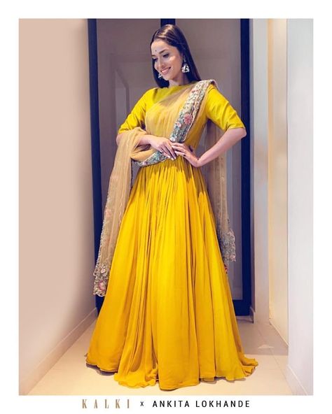 Ankita Lokhande looks stunning💛💛💛💛 Indian Wedding Dress Traditional, Yellow Anarkali, Ankita Lokhande, Haldi Outfits, Kalki Fashion, Traditional Indian Outfits, Indian Gowns Dresses, Indian Gowns, Party Wear Indian Dresses