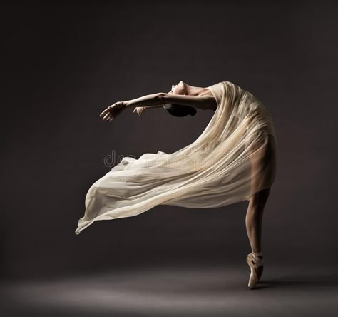 BUY STOCK PHOTO: Ballerina Dancing with Silk Fabric Modern Ballet Dancer in Fluttering Waving Cloth Pointe Shoes Gray Background #beautyaroundus #beautifulphotos #beautifulimages #stockphotography #passiveincome Modern Dance Photography, Ballet Dance Photography, Dancer Photography, Ballet Posters, Ballet Pictures, Mr Brainwash, Dance Photography Poses, Ballet Poses, Ballerina Dancing