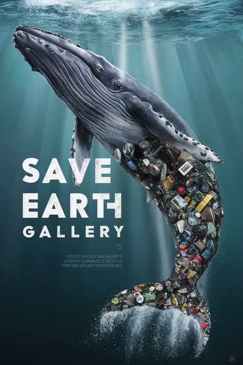 An awe-inspiring 3D render by white bold letters: 'Save Earth Gallery', showcasing a powerful statement about the devastating impact of human activity on marine life and the environment. A majestic whale emerges from the sea, its torso and head rendered with lifelike detail, while its tail is a harrowing mosaic of trash and debris—plastic bottles, cans, and more. This compelling artwork combines illustration, painting, typography, conceptual art, and wildlife photography to create a captivating Save The Ocean Posters Design, Save Marine Life Poster, Poster On Wildlife, Life Below Water Poster, Save Wildlife Poster Ideas, Poster Tentang Sampah, Environment Collage, Save Electricity Poster, Marine Life Poster