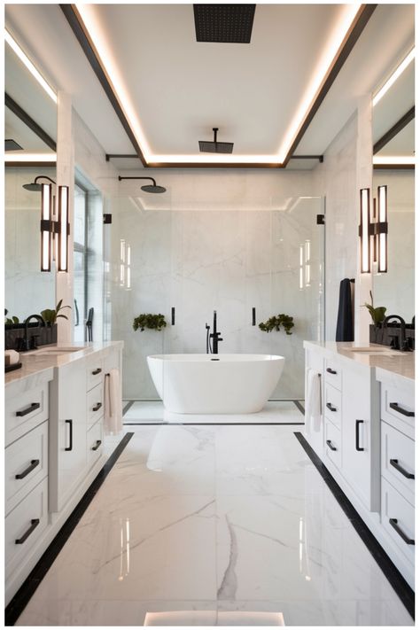 Modern bathroom with white marble floors, double vanities, a freestanding bathtub, and glass-enclosed showers on either side. Black And White Master Bath Ideas, Modern Luxury Bathroom Marble, Luxury Vanity Ideas Bathroom, Dream Bathrooms Luxury Master Bath, Luxury Bathroom Lighting, Black And White Marble Bathroom, Kylie House, Big Bathroom Design, Master Bathrooms Luxury