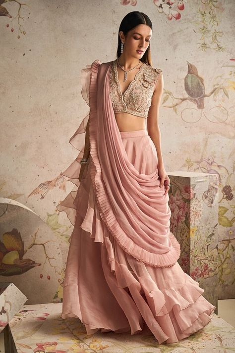 Buy Pre-drape Ready to Wear Organza Ruffle Saree With Simple Same Online in India - Etsy Organza Sharara, Ridhi Mehra, Ruffle Saree, Embroidered Crop Tops, Drape Saree, Ruffle Fabric, Ready To Wear Saree, Sharara Set, Dusky Pink