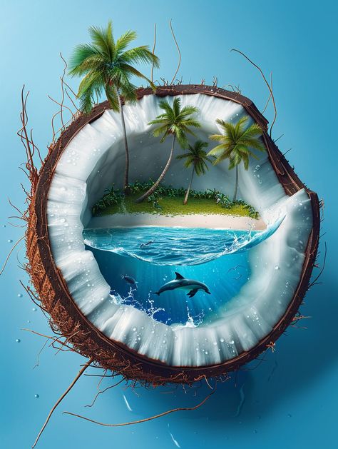 Prompt 👉Bird's eye view, looking down, half opened coconut shell, you can see the white coconut meat inside, there is an ocean inside the coconut meat, (there is an island, lawn, beach, palm trees, ocean, dolphins inside the coconut shell), blue background, high resolution, high detail and high quality island scenery style. product photography, 16k, masterpiece 👉 if Like, please Follow and Share AI Graphics Studio 👇Contact on WhatsAPP: http://tiny.cc/aigraphicsstudio #aigraphicsstudio #AI #... Bird Eye View Photography, Coconut Pictures, Ocean Dolphins, Coconut Design, Galactic Art, Island Scenery, Ocean Prints, Coconut Meat, Beach Palm Trees