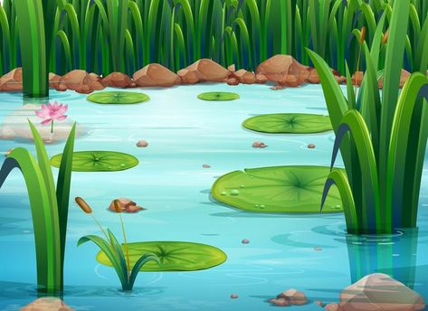 Pond Background, Pond Drawing, How To Pixel Art, Pond Painting, Water Drawing, Background Drawing, Lily Pond, A Pond, Landscape Illustration