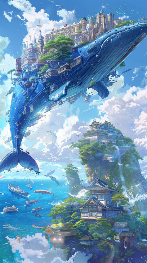 Makoto Shinkai Art Style, Studio Ghibli Scenery Wallpaper, Sky City Fantasy Art, Whales In The Sky, Studio Ghibli Scenery, Contact Pictures, Anime Purple, Anime Purple Hair, Space Whale