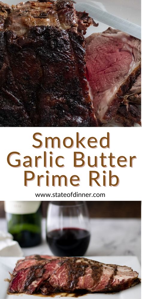 Smoked prime rib that is carved, showing the rare marbled inside. Garlic Butter Prime Rib, Garlic Herb Prime Rib, Smoked Prime Rib Roast, Smoked Garlic, Smoked Prime Rib, Herb Butter Recipe, Holiday Dinner Recipes, Prime Rib Roast Recipe, Cooking Prime Rib