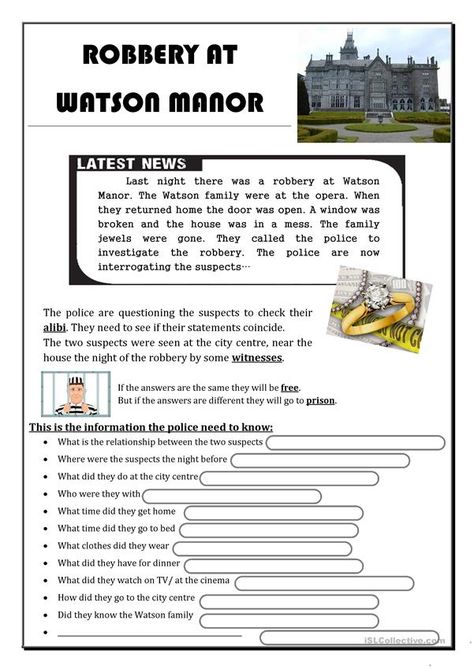 Robbery at Watson Manor - English ESL Worksheet for distance learning, home schooling and offline practice of English Esl Reading Comprehension, Game For Students, Detective Game, Esl Teaching Resources, Secondary English, English Exercises, English Games, Good Sentences, Detective Story