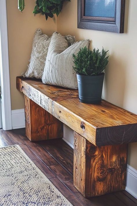 "Add rustic charm to your home with a DIY Rustic Wood Bench! 🛠️🪑 Perfect for creating a functional and stylish piece of furniture. 🌟✨ #RusticBench #DIYProjects #WoodCrafts" Old Lumber Ideas Diy Projects, Raw Wood Furniture Diy, Railroad Tie Bench, Rustic Bench Bedroom, Diy Rustic Wood Bench, Small Furniture Ideas, Diy Wood Decor Ideas, Salvaged Wood Projects, Projects With Wood