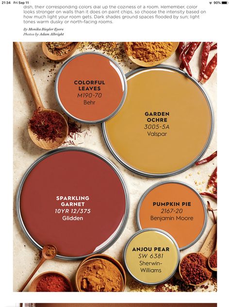 Rust Orange Dresser, Yellow Red Kitchen, Turmeric Paint Color, Paprika Paint Color, Sw Wheat Penny, Behr Rust Paint Colors, Fall Paint Colors Living Room, Fall Wall Colors, Dark Orange Paint Colors