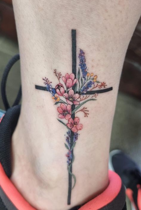 Cross With Lilacs Tattoo, Floral Faith Tattoo, Cross With Violet Flowers Tattoo, Floral Cross Tattoo, Mine Tattoo, Purple Flower Tattoos, Grandma Tattoo, Floral Arm Tattoo, Lilac Tattoo