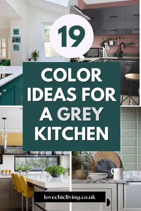 Are you wondering how to add color to a grey kitchen? We've rounded up 19 inspiring suggestions for brightening up grey kitchen cabinets. From barstools, to accent walls, to color combinations, schemes and palettes we've a range of ideas for every budget. Diy Kitchen Color Scheme, Gray Kitchen Accent Color, What Colour To Paint Kitchen Walls, Grey Cabinets Kitchen Decor, Cabinet Color With Gray Countertop, Modern Kitchen Colours Combination, Wall Color To Go With Grey Cabinets, Kitchen Colour Schemes Grey, Grey Kitchen Accent Colors