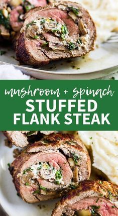 Spinach Stuffed Flank Steak, Flank Steak Recipes Oven, Baked Stuffed Flank Steak, Flank Steak Rolls, Stuffed Flank Steak, Steak Rolls, Skirt Steak Recipes, Mushrooms And Spinach, Baked Steak