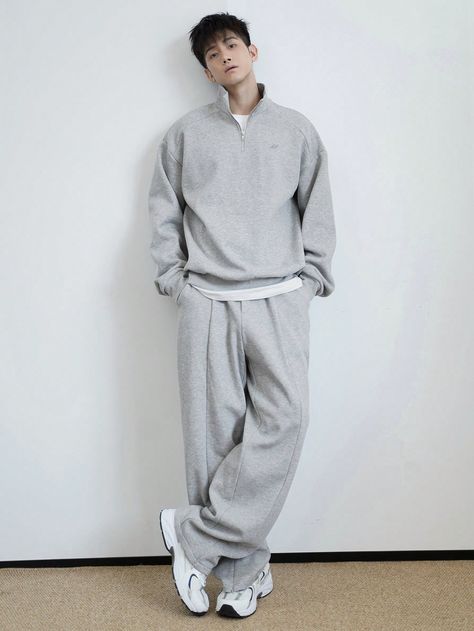 Men's Solid Color Long Sleeve Zip Tracksuit Pullover Hoodie And Loose Fit Sweatpants Set, Autumn Grey Casual    Plain  Non-Stretch Fall Men Clothing, size features are:Bust: ,Length: ,Sleeve Length: Outfits With Grey Sweatshirt, Jogging Outfit Men, Taehyung Fits, Grey Casual Outfit, Grey Hoodie Outfit Men, Grey Sweatpants Outfit Men, Hoodie Sweatpants Outfit, Japanese Male Fashion, Baggy Sweatpants Outfit