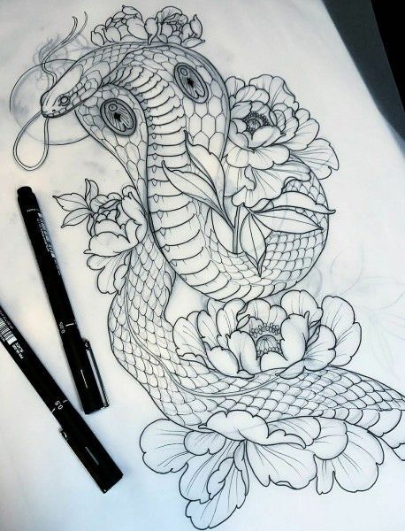 Snake And Flowers, Japanese Snake Tattoo, Tats Ideas, Cobra Tattoo, Tier Tattoo, Snake Drawing, Snake Tattoo Design, Tattoo Zeichnungen, Thigh Tattoos