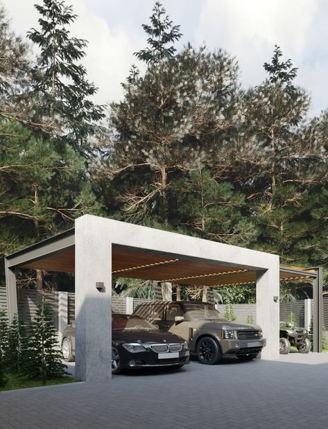 Exterior & Landscape visualization on Behance Outdoor Parking Design, Residence Elevation, Open Garage, Pergola Carport, Architecture Graphic Design, Carport Garage, Parking Area, Car Shade, Carport Designs