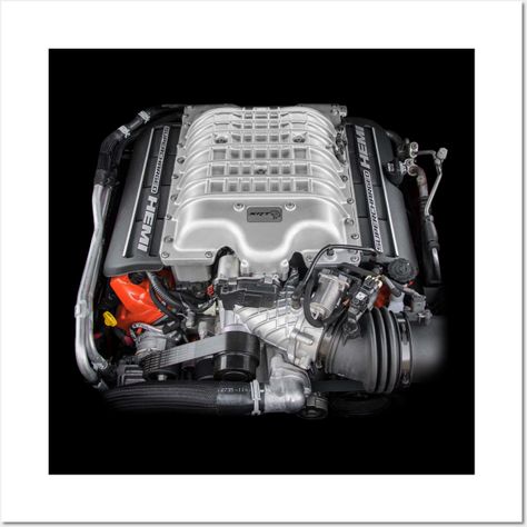 The SRT Hellcat engine is a high-performance supercharged V8 engine developed by Dodge. It boasts an impressive displacement of 6.2 liters and delivers staggering horsepower, making it one of the most powerful production car engines available, commonly found in Dodge Charger and Challenger Hellcat models. -- Choose from our vast selection of art prints and posters to match with your desired size to make the perfect print or poster. Pick your favorite: Movies, TV Shows, Art, and so much more! Ava Charger And Challenger, Hellcat Engine, Challenger Hellcat, Car Engines, Dodge Srt, Hellcat Challenger, Srt Hellcat, V8 Engine, Car Engine