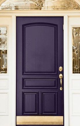 Dark Plum Front Door, Kitchen Colours 2023, Colour Trends For 2023, Colours 2023, Purple Front Door, Unlacquered Brass Hardware, Purple Front Doors, Kitchen Colours, Metal Front Door