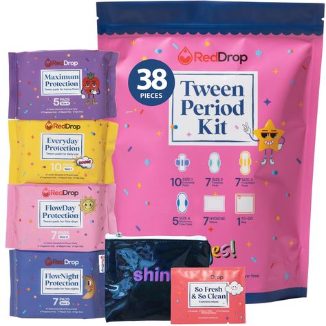 PRICES MAY VARY. Ready for Anything: Our RedDrop period kits for girls 10-12 are packed with leakproof, multi-absorbency pads to ensure your tween feels super supported, whether she's at school or playing sports. Just Her Size: Regular pads can be a drag. That’s why our girls first period kit is perfectly sized for tweens. They're comfy, absorbent, and just right for young movers and shakers! 38-Piece Period Pack: Everything she needs in one fab kit! 10 everyday pads, 7 FlowDay & 7 FlowNight pad Teen Period Kit, Period Pack, Period Essentials, Maxi Pads, Middle School Essentials, First Period Kits, School Backpack Essentials, Middle School Survival, Feminine Wipes