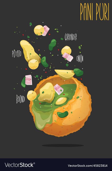 Momos Advertising, Pani Puri Poster Design, Pani Puri Logo Design, Panipuri Illustration, Indian Street Food Illustration, Pani Puri Illustration, Pani Puri Drawing, Momos Drawing, Pani Puri Aesthetic