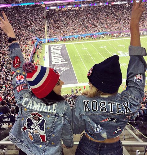 Camille Kostek (@camillekostek) posted on Instagram: “she literally completes me 👯‍♀️ find a bestie who doubles as your biggest hype girl 🕺🏼 tag a friend who’d wear your name on their back 👊…” • Feb 6, 2018 at 2:32am UTC Camille Kostek, Jean Jacket Diy, Football Girlfriend, Patriots Game, Diy Denim Jacket, Diy Jeans, Celebrity Casual Outfits, Hand Painted Denim Jacket, Football Game Outfit