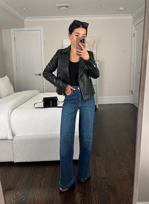 Outfit Inspo Fall Petite, Petite Figure Aesthetic, Women’s Leather Jacket Outfit 2023, Smart Casual Leather Jacket Outfit, Petite Leather Jacket, Black Jeans Women Outfit, Leather Jacket Outfits Women Spring, Best Jackets For Petite Women, Leather Moto Jacket Outfit 2023