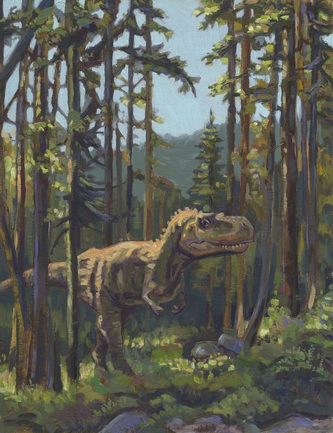 HUNT, dinosaur painting by Frank-Joseph Oil painting of a Tyrannosaurus Rex hunting in the mountains, inspired by the forests of Lake Tahoe! Original was painted at 9.5"x11.5.“ Oil Paint Animals, Jurassic World Painting, Dinosaur Digital Art, Dinosaur Oil Painting, Dinosaur Art Ideas, Dinosaur Painting Ideas, T Rex Painting, Dinasour Painting, Dinosaur Painting Acrylic