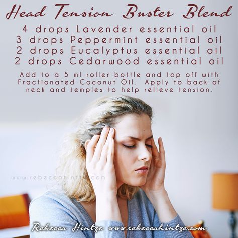 "Head Tension Buster Blend  4 drops Lavender essential oil 3 drops Peppermint essential oil 2 drops Eucalyptus essential oil 2 drops Cedarwood essential oil  Add to a 5 ml roller bottle and top off with Fractionated Coconut Oil.  Apply to back of neck and temples to help relieve tension." Essential Oil Roller Bottle Recipes, Essential Oil Roller Balls, Essential Oils For Headaches, Essential Oil Remedy, Young Living Essential Oils Recipes, Essential Oil Roller Bottle, Yl Essential Oils, Essential Oil Blends Recipes, Cedarwood Essential Oil