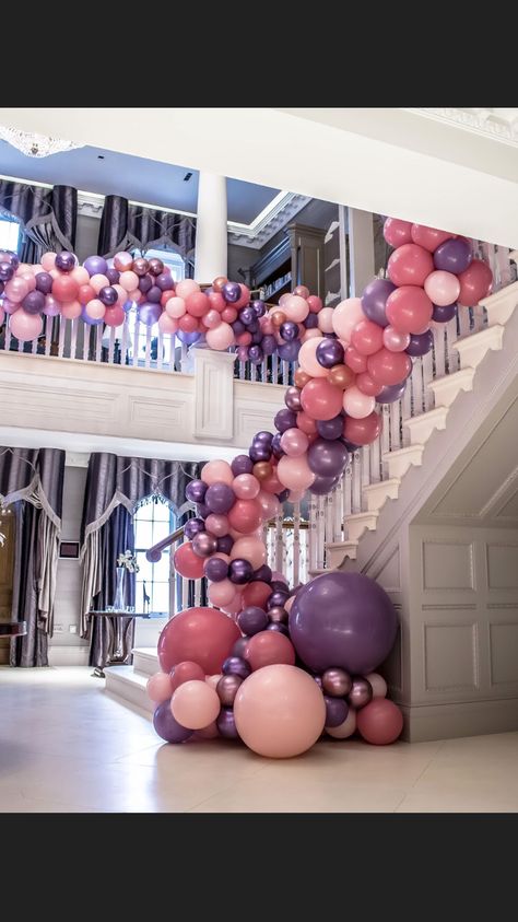 Balloon garland staircase Ballon Garland Staircase, Stair Case Balloon Decor, Balloon Garland On Staircase, Balloon Stairs Decoration, Balloon Arch On Staircase, Balcony Balloon Garland, Stairs Balloon Garland, Balloons Staircase, Balloon Staircase Decor