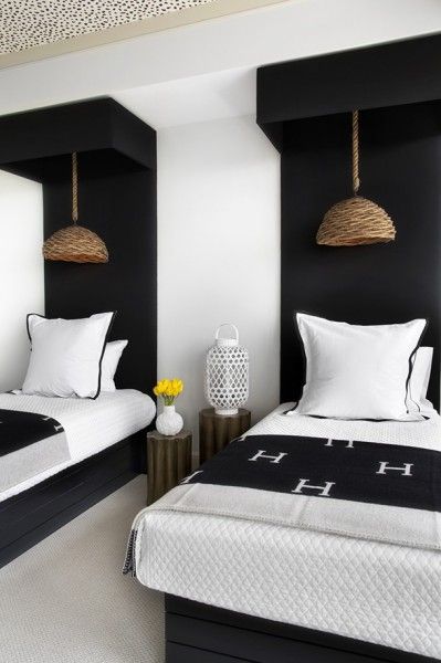 canopies-with-pendants-camille-styles Bilik Lelaki, Guest Bedroom Inspiration, Twin Beds, Twin Bedroom, Bedroom Black, White Bedroom, Contemporary Bedroom, Guest Bedrooms, Twin Bed