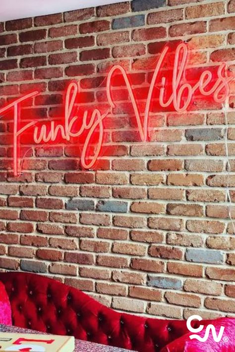 Brick Wall With Neon Sign, Brick Wall Neon Sign, Neon Sign On Brick Wall, Tipsy Mermaid, Server Hair, Neon Wings, Neon Sign Home Decor, Colorful Shelf, Painted Brick Walls