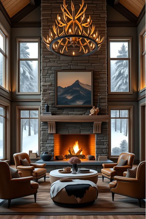 Inviting rustic living room featuring neutral sectional and vibrant accents Lodge Decor Living Room, Modern Lodge Decor, Rustic Living Room Colors, Mountain Living Room, Cabin Living Room Decor, Mountain Chic, Rustic Living Room Ideas, Mountain Interiors, Living Room Center