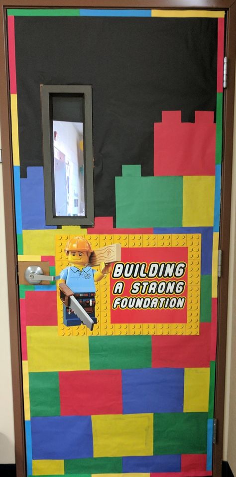 Building a strong foundation  #lego #classroom #doordecoration Building Theme Classroom, Lego Themed Classroom Ideas, Building Classroom Theme, Lego Theme Classroom Decor, Lego Classroom Door, Lego Vbs Decorations, Lego Classroom Decorations, Lego Door Decorations Classroom, Lego School Theme