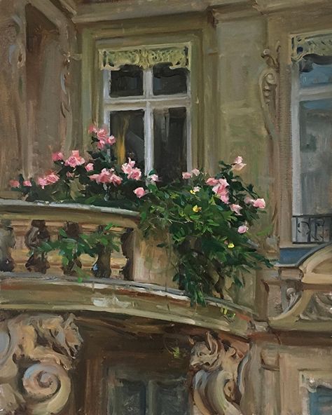 Old Money Painting Ideas, Pretty Oil Paintings, Ma As A Painting, Oil Painting Widget, France Oil Painting, Balcony Drawing Reference, Painting Ideas On Canvas Oil Paint, Art Oil Paintings Aesthetic, Flower Wallpaper Painting