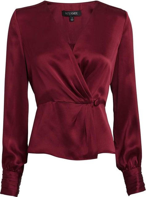 Intermix Naila Silk Wrap Blouse Elegant Burgundy Blouse For Work, Elegant Burgundy Fall Blouse, Chic Burgundy Tops For Workwear, Chic Burgundy Blouse For Night Out, Fitted Burgundy Blouse For Work, Red Silk Blouse, Silk Wrap Top, Dark Red Color, Maroon Shirts